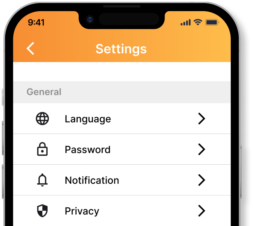 Settings page of the palala app